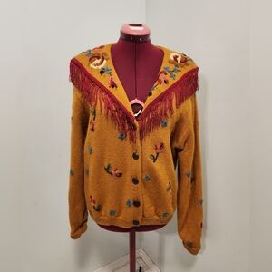 Carole Little Floral Embroidered Fringe Cardigan